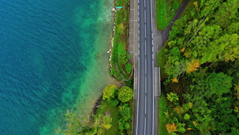 Aerial-top-down-view-of-the-thin-road-near-the-bank-of-Attersee-lake-in-Austria