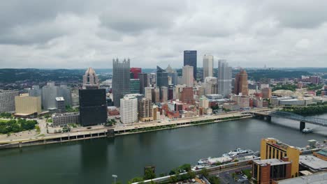 Die-Innenstadt-Von-Pittsburgh,-Pennsylvania,-An-Einem-Bewölkten-Tag,-Luftaufnahme-über-Den-Fluss