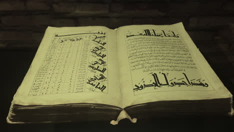 History-of-the-Peoples-of-the-East,-Open-Book-From-Islamic-Golden-Age-on-Display-in-Museum-of-the-Scholars-in-Khiva,-Uzbekistan