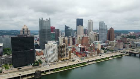 Die-Innenstadt-Von-Pittsburgh,-Pennsylvania,-An-Einem-Bewölkten-Tag,-Luftaufnahme-Nach-Rechts