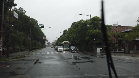 Driving-the-Streets-of-Kyoto-Alongside-Emperor-Palace-During-Typhoon-Inside-Car