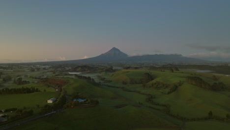 Dormant-mount-Egmont-volcano-in-New-Zealand-at-daybreak,-aerial
