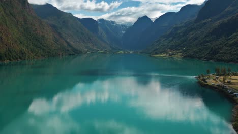 Aerial-shot-over-the-Olden-Lake-approaching-the-Jostedalsbreen-glacier