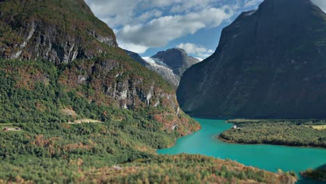 Aerial-shot-of-a-Loen-lake-valley-in-Norway-facing-the-Jostedasbreen-glacier