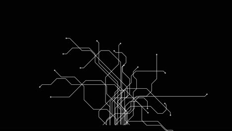 Animation-of-white-lines-making-a-circuit,-process-of-lightning-up-micro-processing-unit-or-making-a-scheme-of-subway-metro-map