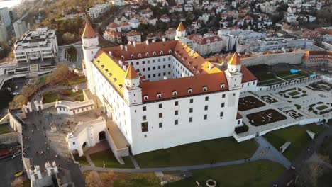 Rotating-drone-shot-of-the-grand-Bratislava-Castle-in-Bratislava,-Slovakia