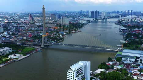 Traffic-At-Rama-VIII-Bridge-Spanning-The-Chao-Phraya-River-In-Bangkok,-Thailand