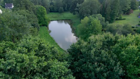Aerial-view-of-green-meadow-with-trees-bushes-and-pond-in-Brittany,-France