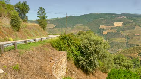 Shot-taken-from-winding-road-of-Douro-Valley,-famous-for-it's-port-wine-production-in-Porto,-Portugal-on-a-sunny-day