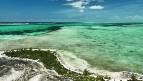 Colorful-Bahamas-Water,-Static-Aerial-View-of-Turquoise,-Aqua,-and-Blue-Ocean-Flats