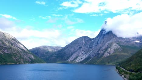Cloud-capped-Mountain-Of-Stetinden-On-Stefjord-In-Nordland,-Norway