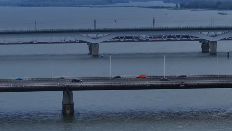 Train-And-Traffic-On-Moerdijkbrug-Spanning-The-Hollands-Diep-River-In-Netherlands