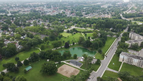 Aerial-bird's-eye-view-above-beautiful-green-space-park-in-Chippawa-Welland