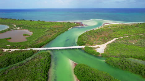 Tulum-Sian-Kaʼan-Reserve-a-biosphere-aerial-view-of-a-wooden-bridge-connecting-mangroves-forest-inside-the-natural-park-with-Caribbean-Sea-in-Mexico-Quintana-Roo