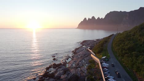 Cars-Parked-On-The-Road-In-Tungeneset-During-Sunset-In-Senja-Island,-Norway