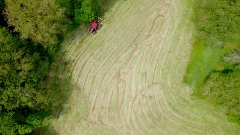 Red-lawnmower-moving-through-green-field-cutting-fresh-grass