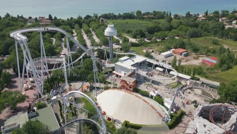 Drone-shot-Gardaland-Resort-amusement-park-and-roller-coaster-in-Italy
