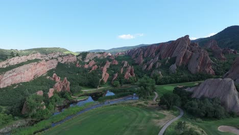 Aerial-landscape-of-red-rock-formations-and-golf-course-in-Arrowhead,-Colorado,-United-States