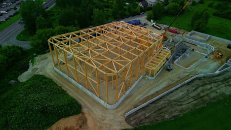 Aerial-View-of-Wooden-frame-House-Under-Construction