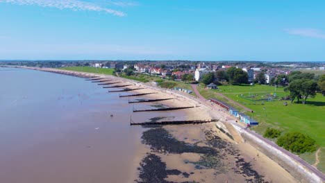 Aerial-View-Of-Dovercourt-Bay-Beach-On-The-Coast-Of-Harwich-In-Essex,-England