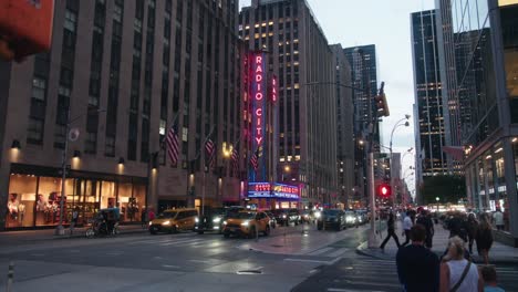 Wide-angle-view-of-radio-city-music-hall-entrance-at-dusk