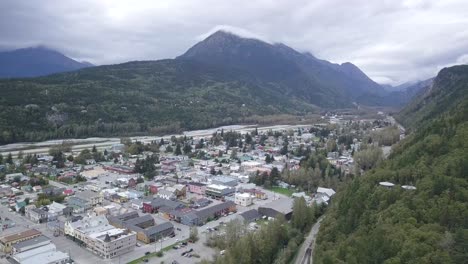 Downtown-Skagway-AK,-Aerial,-Facing-North-toward-Border-Crossing,-History-Filled-Town,-Tourist-Hotspot