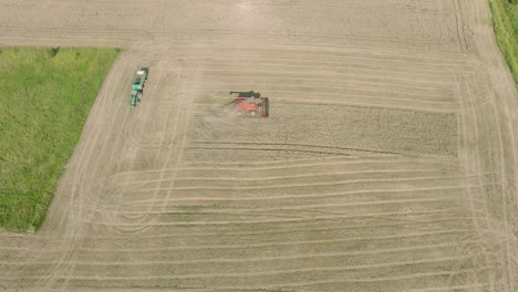 Aerial-establishing-view-of-combine-harvester-mowing-yellow-wheat,-dust-clouds-rise-behind-the-machine,-food-industry,-yellow-reap-grain-crops,-sunny-summer-day,-revealing-drone-shot-moving-backward