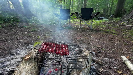 Grilling-sausage-on-the-campfire---slow-motion-no-people