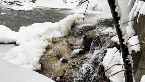 water-flows-down-a-waterfall-onto-rocks-below-surrounded-by-snow-and-ice-in-New-England