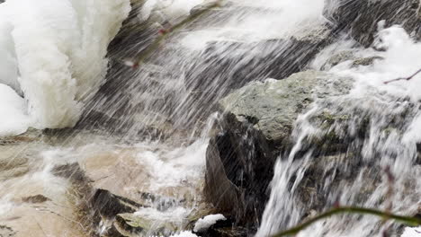 In-Einer-Winterlichen-Szene-In-Neuengland-Prasselt-Wasser-Gegen-Felsen-Am-Grund-Eines-Wasserfalls