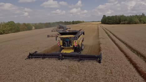 Circular-drone-view-around-a-group-of-combine-harvesters-collecting-wheat