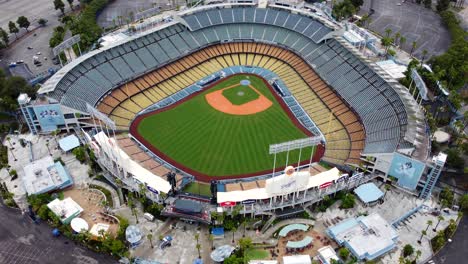 Close-up-birds-eye-view-drone-shot-Dodger-Stadium-in-Los-Angeles