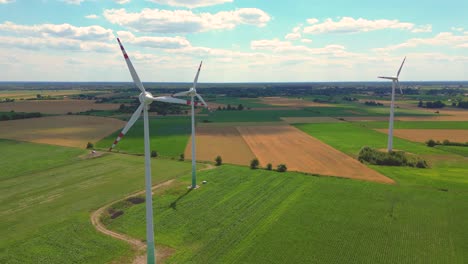 Aerial-view-of-powerful-Wind-turbine-farm-for-energy-production-on-beautiful-cloudy-sky-at-highland