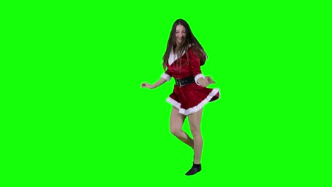 Happy-excited-female-teenager-wearing-Santa-dress-having-fun-at-holiday-time-young-woman-dance-in-front-of-green-screen-to-New-Year-songs-celebrating-Xmas-alone