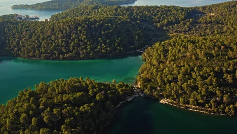 Exuberante-Vegetación-En-El-Parque-Nacional-De-La-Isla-De-Mljet,-Croacia,-Mar-Adriático---Toma-Aérea-De-Drones