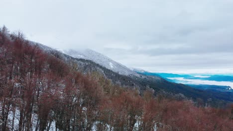 Langsame-Luftaufnahme-An-Einem-Wintertag-Mit-Schnee-Und-Bäumen-In-Den-Bergen-Patagoniens