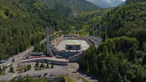 Aerial-Revealed-The-Iconic-Sports-Complex-Of-Medeu-Ice-Rink-Near-Almaty,-Kazakhstan
