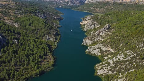 Panoramic-Aerial-View-Of-River-Canyons-In-Krka-National-Park,-Croatia