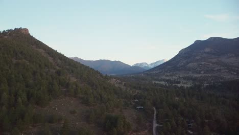 Aerial-view-of-valley-below-Eagle-Cliff-Mountain,-Estes-Park,-Colorado