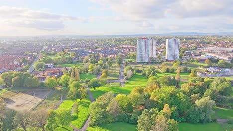 Aerial-shot-dolly-type-shot-Manchester-residential-area-with-real-estate-homes-and-apartments