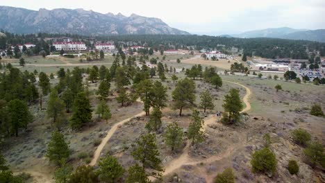 Aerial-view-of-Knoll-Willows-Open-Space-and-Stanley-Hotel,-Estes-Park,-Colorado