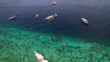 Indonesian-Tour-Boats-Anchored-in-Turquoise-Water-at-Gili-Statues-Snorkel-Spot-While-People-Dive-and-Swim---Aerial-View