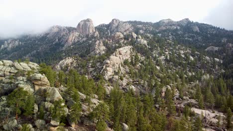 Aerial-ascent-pan-view-of-lumpy-ridge-and-the-needles-wilderness-and-rock-faces,-Estes-Park,-Colorado