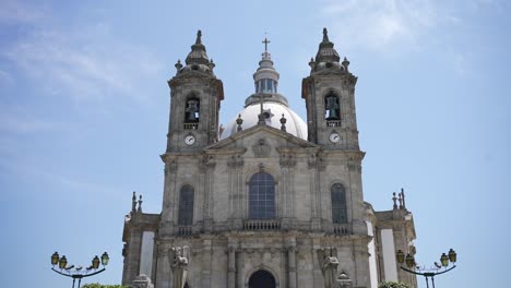Sameiro-Sanctuary-façade,-twin-bell-towers,-and-sky-backdrop