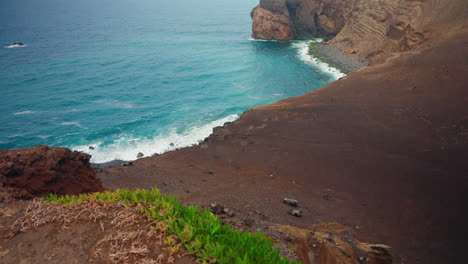 Slow-motion-shot-of-Ponta-dos-Capelinhos-in-the-Volcanic-Portuguese-Islands-of-Faial-in-the-Azores,-North-Atlantic-Ocean,-Portugal