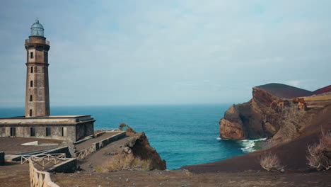 Still-shot-of-the-Lighthouse-of-Ponta-dos-Capelinhos-on-Faial-island,-Azores---Portugal