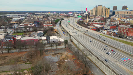 Drone-shot-of-Downtown-Atlanta-highway,-Georgia,-USA