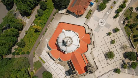 Aerial-top-view-of-Sameiro-Sanctuary-grounds-and-Church,-Braga