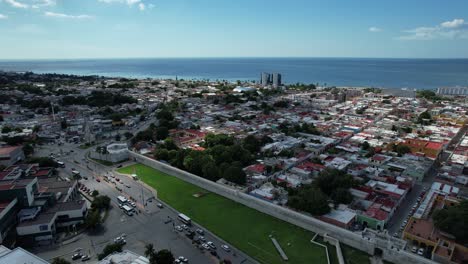 frontal-drone-shot-of-campeche-city-with-his-original-pirate-walls