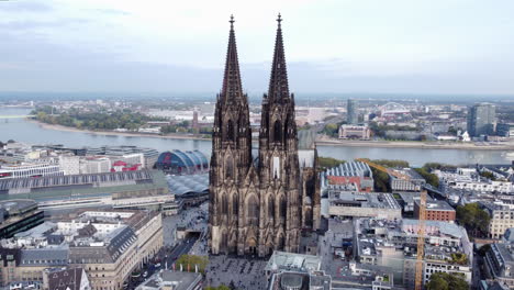 Aerial-View-Of-Cologne-Cathedral-With-Rhein-River-In-The-Background-In-Germany